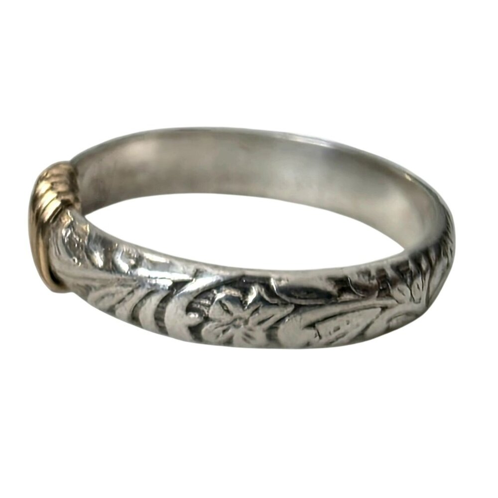 Vintage Sterling Silver Gold Wire Wrap Band Ring Floral Engraved Handcrafted 925 - Picture 2 of 7
